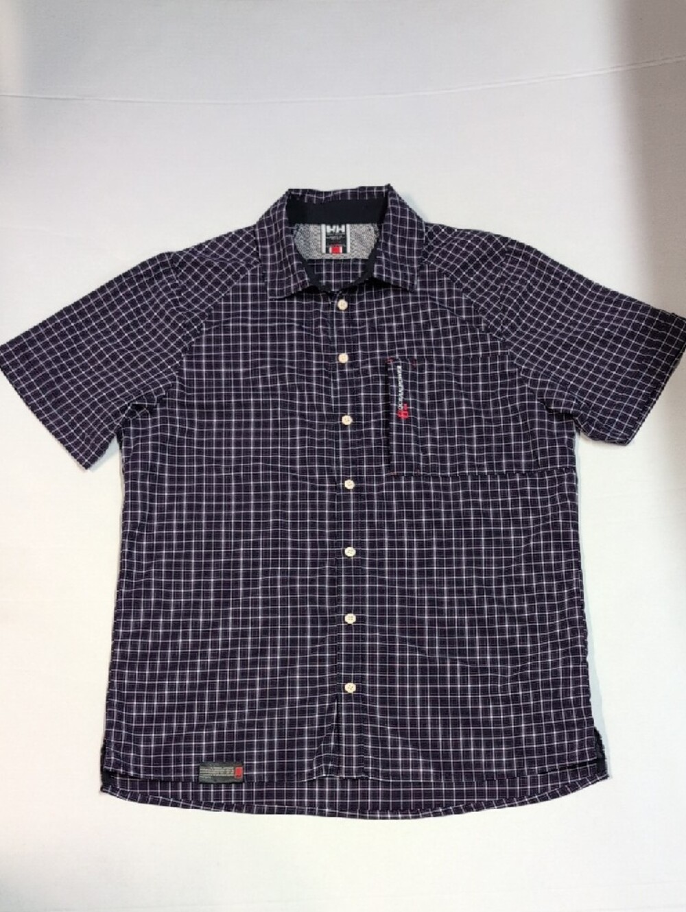 Helly Hansen Ocean Power Navy and White Check Short Sleeve Button-Up Shirt